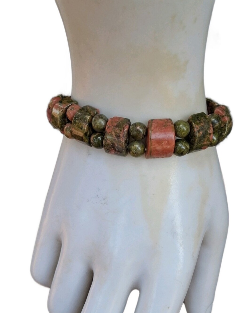 Vintage Unakite Gemstone Stretch Bracelet Natural Pink Green Stone Beaded Band